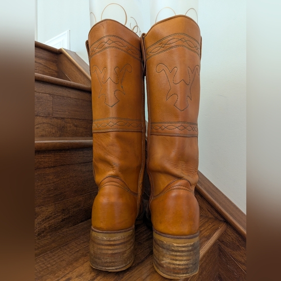 Vintage 70s Longhorn Stitched Campus Frye style Amber leather Western Boots 10 D - Picture 7 of 16